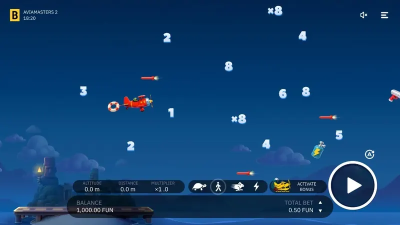 Aviamasters 2 mobile gameplay screen with HUD and Play button